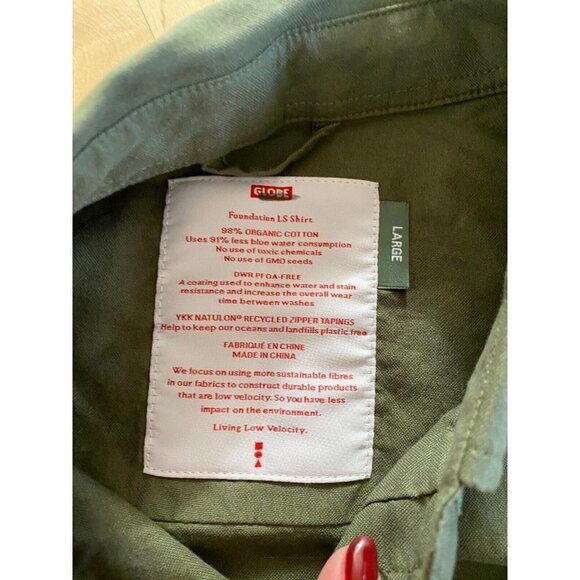 Globe Foundation Long sleeve olive button up top sz large Mens water repellent - Picture 7 of 8